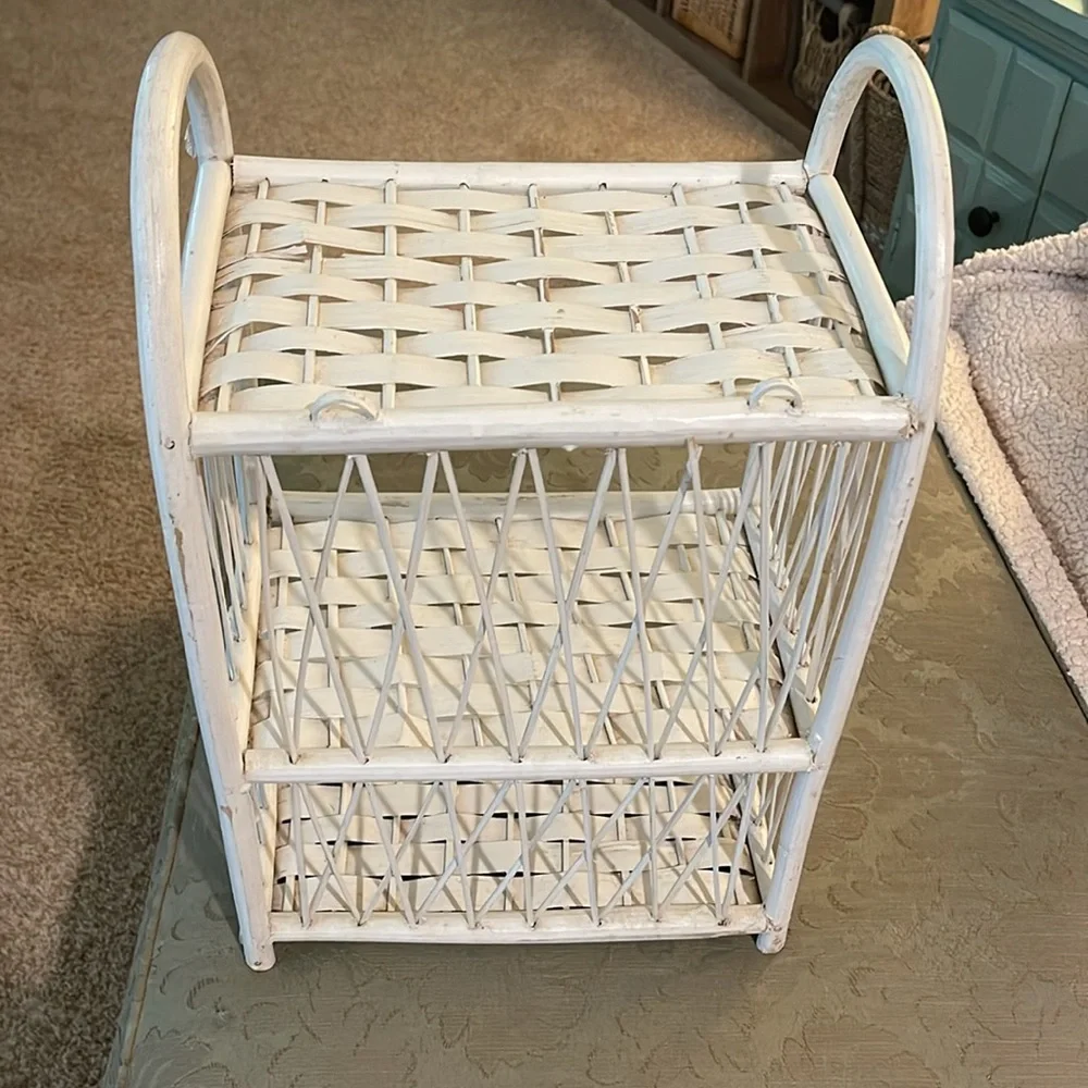 Vintage White Wicker Rattan 3 Tier Wall Shelf with Towel Bar-Boho MCM